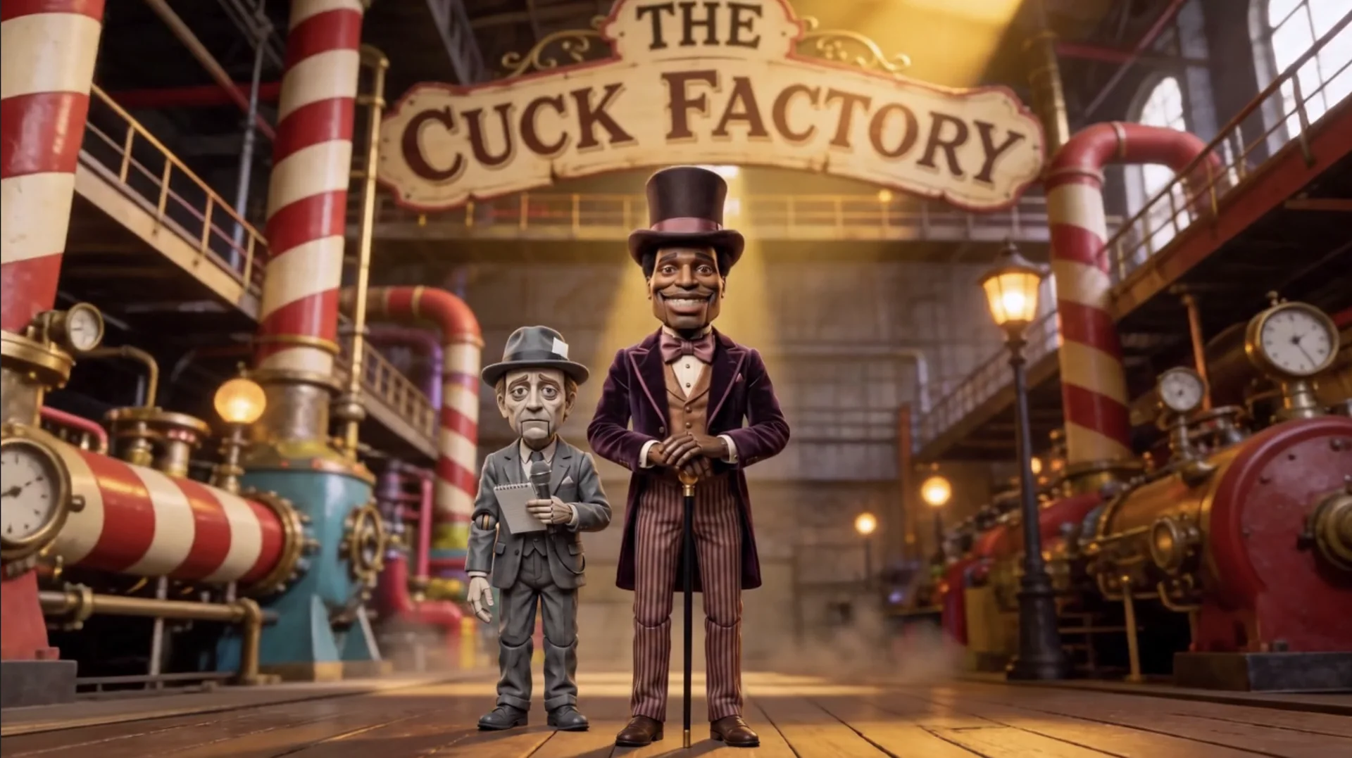 A theatrical puppet factory with the Founder and an exhausted worker